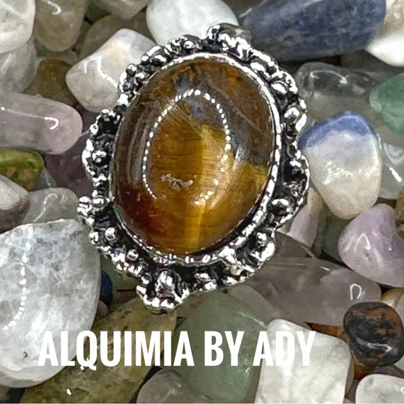 13 Adjustable Silver and tiger’s eye Victorian western vintage gem ring - Picture 1 of 6